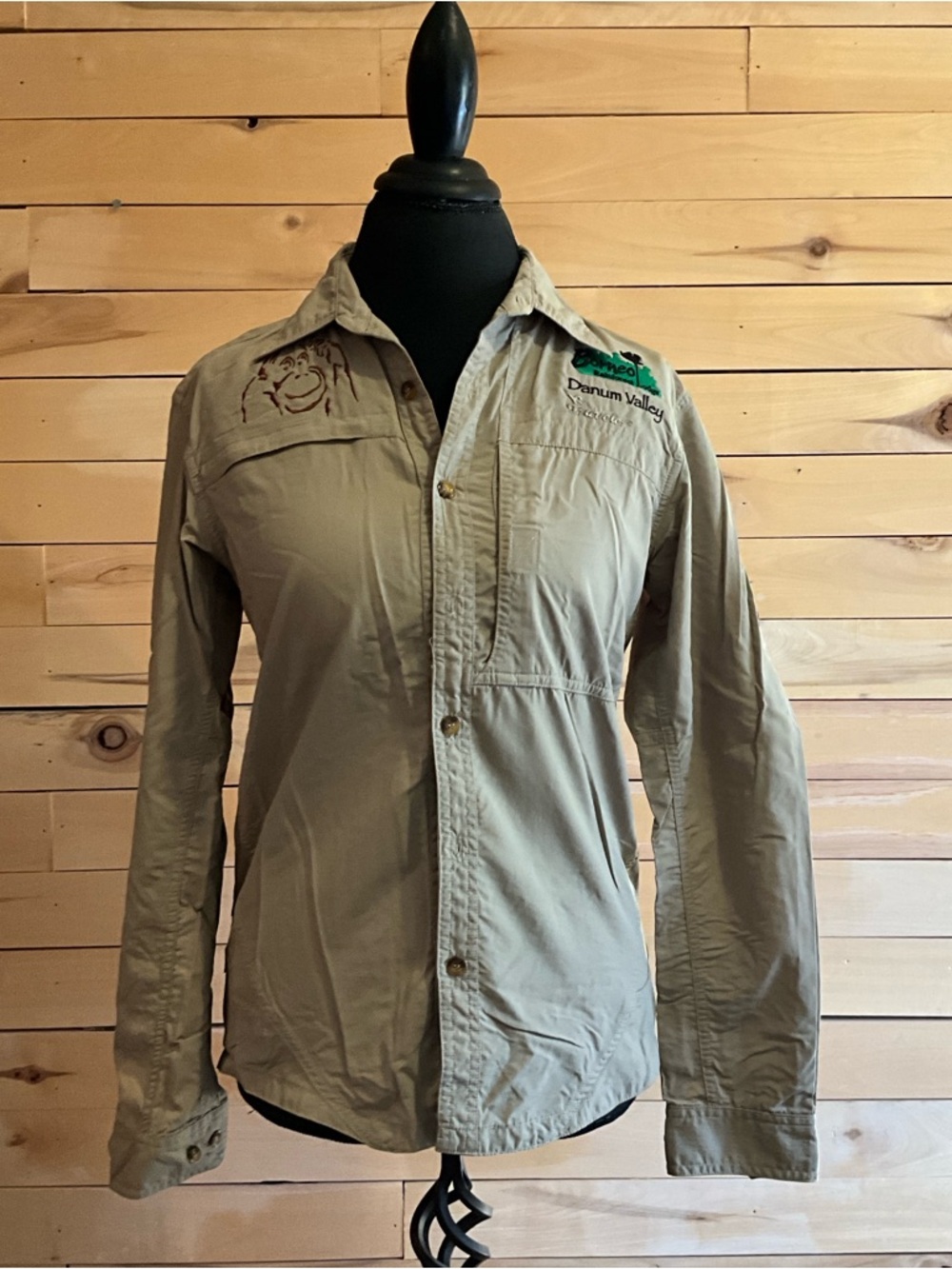 Women's Khaki Button-Down Safari Shirt with Embroidered Logo